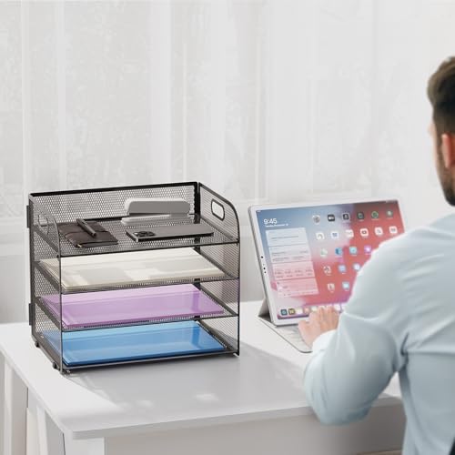 Marbrasse 4-Tier Mesh Letter Tray Desk Organizer with Handle, Black, 12.6 x 9.1 x 9.1 inches