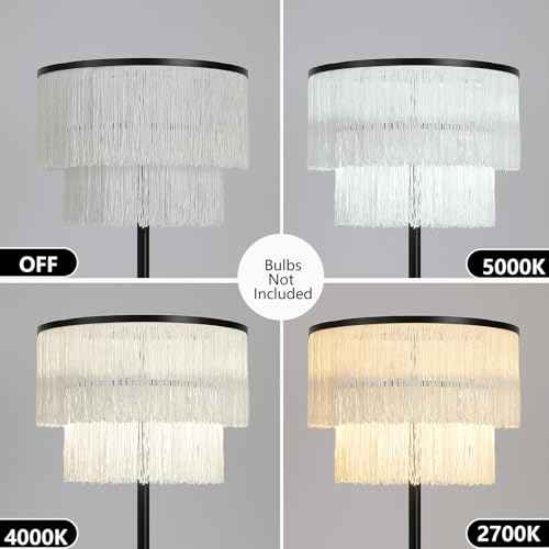 2 Light Black Boho Floor Lamp with 2-Tier Tassels/Fringe Lampshade,66" Tall Mid Century Standing Bedroom Lamp,Soft Lighting Nursery Floor Lamp for Bedroom Livingroom
