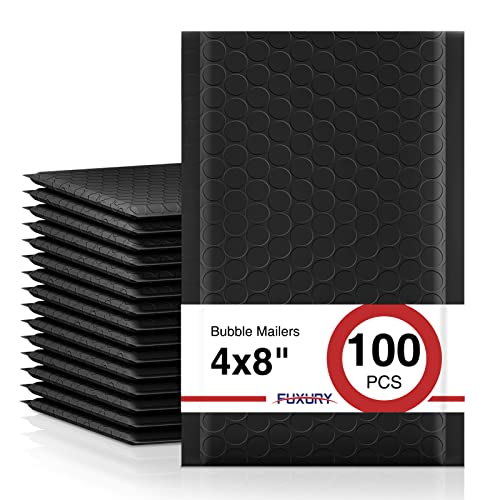 Fuxury Black Bubble Mailers 4x8 Inch - Waterproof Padded Envelopes, 100 Pack - Small Business Shipping Supply