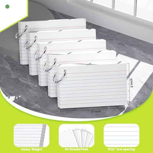 250 Count White Index Cards with Ring 3 x 5 Inch Heavyweight Ruled Index Cards, Flash Cards for School & Office Supplies and Home Organization, Durable Study To Do List Note Cards with Ruled Lines
