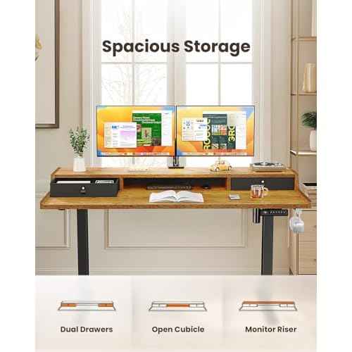 ErGear Electric Standing Desk with Drawers, 48¡È x 24¡È Gaming Table Compatible Monitor Stand, Stand up Desks, Home Office Height-Adjustable Desk with Storage Shelf, 4 Preset Heights, Vintage Brown