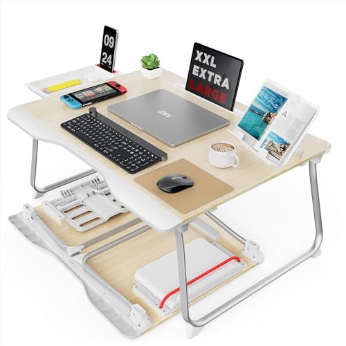 SAIJI Teak Folding Bed Desk for Laptop - Extra Large, Adjustable & Portable