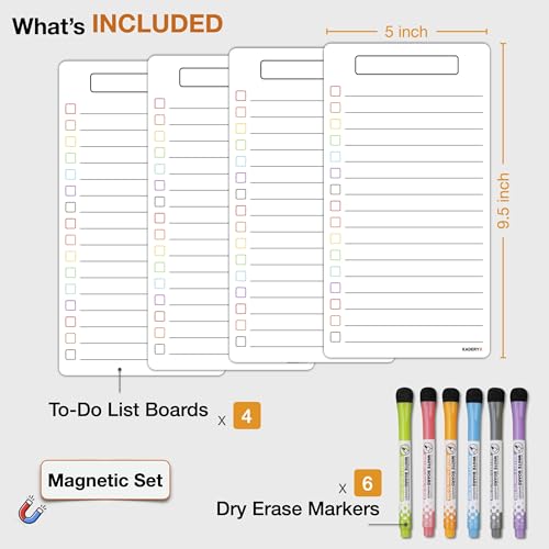 KADERYX 4-Pack Magnetic Dry Erase Refrigerator Boards 5x9.5" Colorful Checklist Set