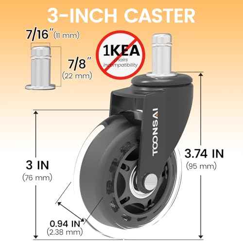 3 Inch Heavy Duty Office Chair Wheels,(Stem7/16-7/8), Replacement Rubber Caster Wheel, Set of 5,Silent, Smooth-Gliding, for Hardwood Flooring, Carpet Flooring,-(Not for 1KEA Chairs)