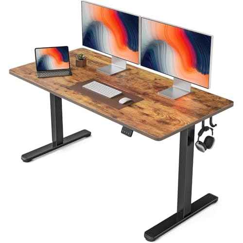 FEZIBO Standing Desk, 55 ¡¿ 24 Inches Electric Height Adjustable, Sit Stand Up Desk, Home Office Desk with Splice Board, Black Frame/Rustic Brown TOP