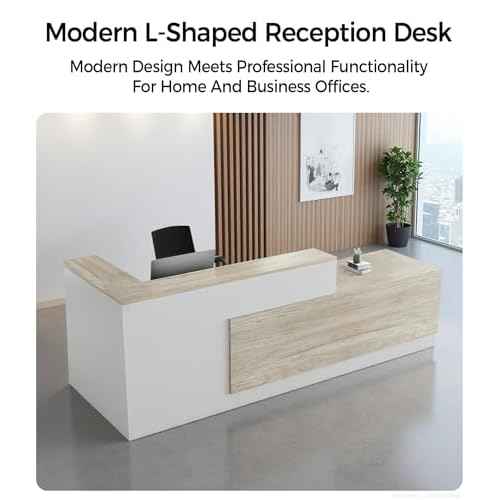 Modern L-Shaped Reception Desk with Storage - 79" Front Desk Reception Counter with Lockable Drawer, Storage Cabinets, Keyboard Tray & Modesty Panel for Office, Lobby, Salon, Retail Checkout, Left