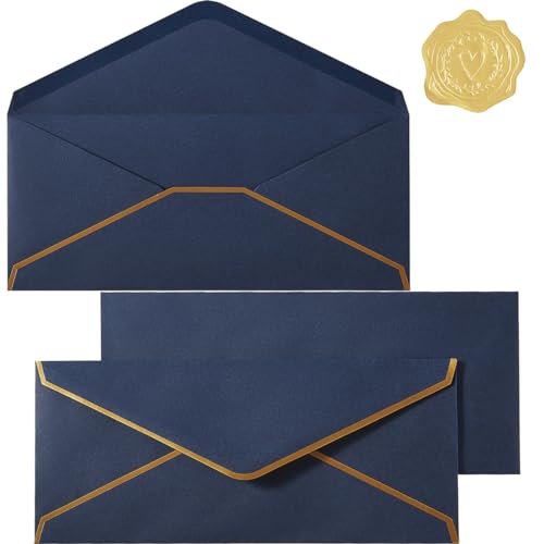 Topeen Navy Blue #10 Business Envelopes with Gold Stickers - Thick Paper Pack