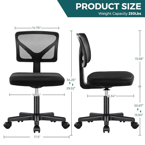 DUMOS Black Armless Mesh Office Desk Chair - Ergonomic Home & Small Space