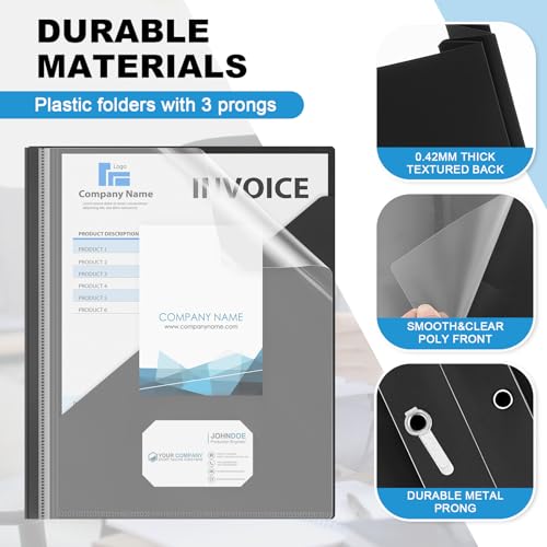 Teling 48 Pack Clear Front Report Covers with 3 Prongs Fasteners, 11.42 x 9.45 Inch Plastic Presentation Folders Bulk, 90 Sheet Capacity, Book File Covers for Office School Business, Black