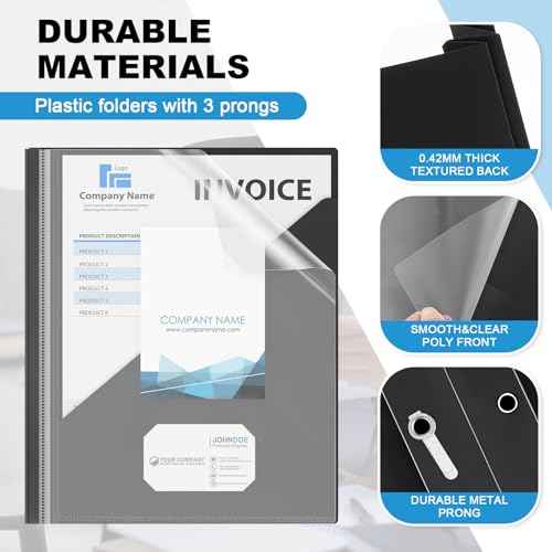 Teling 24 Pcs Clear Report Cover with 3 Prongs, Plastic Report Presentation Folders 90 Sheet Capacity Resume Document Covers for School Office(Black)