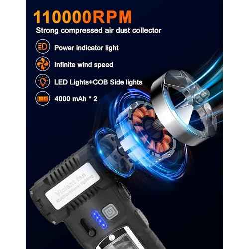 Compressed Air Duster, 2 Gear Adjustable 110000RPM Electric Air Duster with LED Light, 8000mAh Rechargeable Battery, Powerful Dusters for Cleaning Keyboard, Computer, Car, Outdoor, Air Bed