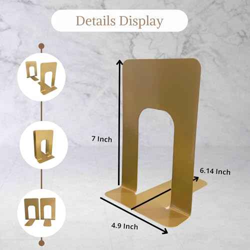 Alessk 8 Pieces Gold Bookends for Shelves, Heavy Duty Metal Bookends Supports Heavy Books, Decorative Gold Stops for Home or Office Decoration - 4 Pairs.