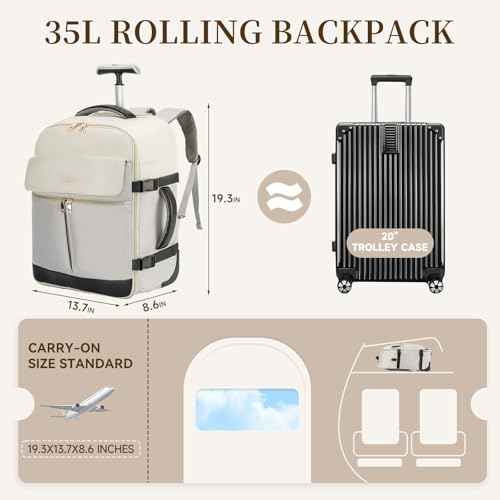 LOUEO Travel Rolling Backpack for Women with Wheels, 17 Inch Wheeled Carry on Luggage for Adults