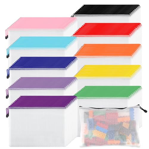 EOOUT 100pcs Mesh Zipper Pouch, A4 Size, 10 Colors Zipper Bags for Organizing Storage, Waterproof Puzzle Bag, Zipper File Bags for Board Games and School Office Supplies
