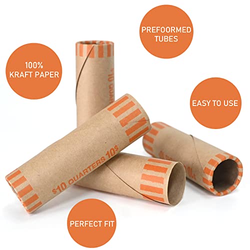 72 PCS Preformed Quarter Coin Wrappers Rolls - Orange ABA Standard, Durable Kraft Paper, Easy Seal, Bank-Grade Organization