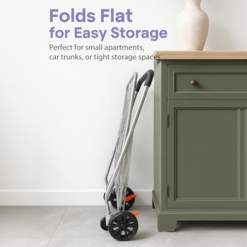 Folding Shopping Cart with Brake - 200 lbs Load Capacity, Lightweight & Sturdy Collapsible Grocery Trolley with 360¡Æ Swivel Rubber Wheels, Foldable Cart with Removable Bag for Shopping - Silver