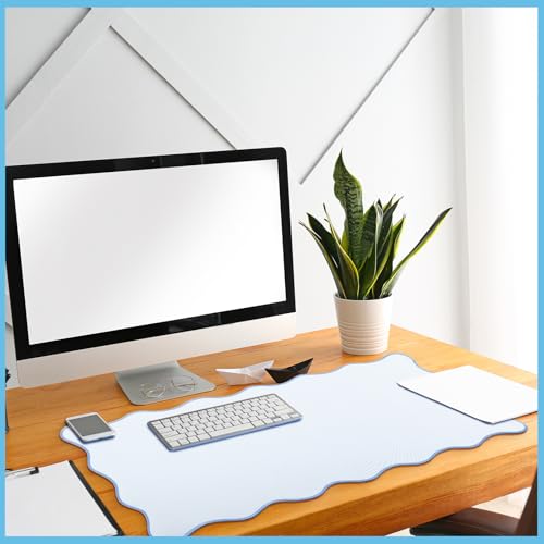 Hahafelt Blue Large Scalloped Desk Mat - 31.5 x 15.8 Inches Office Desk Pad