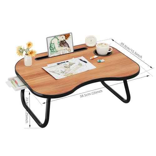 Lap Desk for Laptop Bed Trays for Eating and Laptops Breakfast in Bed Laptop Stand TV Trays for Bed with Cup Holder/Drawer for Sofa/Couch Portable Foldable (Black Walnut, L(23¡¿16")+Drawer)