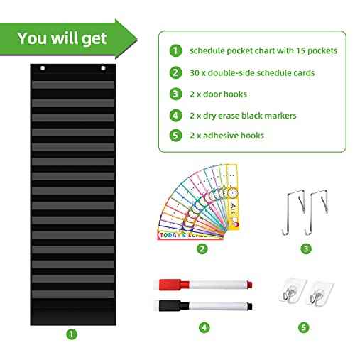 REGELETO 15+1 Pockets Daily Schedule Pocket Chart with 30 Pcs Double-Sided Reusable Cards, Scheduling Pocket Chart for Classroom Office Home Preschool Activity(Black)¡¦