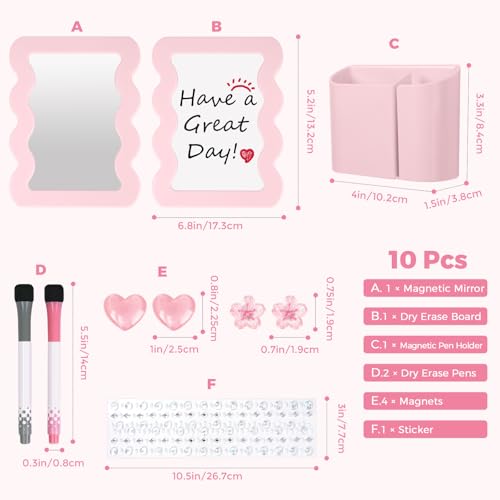 SKYDUE 10-Piece Locker Accessories Kit for Girls - Pink Organizer Set with Mirror, Whiteboard & Stickers