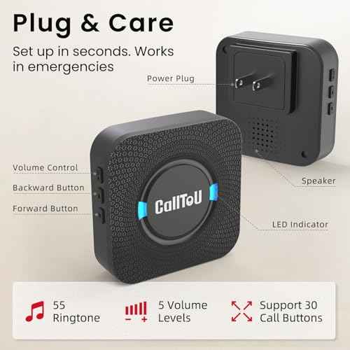 CallToU Wireless Caregiver Pager with 2 Call Button ? 500FT Long Range Caregive Pager System for Elderly, Seniors, Patients ? Easy-to-Use Emergency Alert Call Button for Home Safety (CC01BL 2-1)