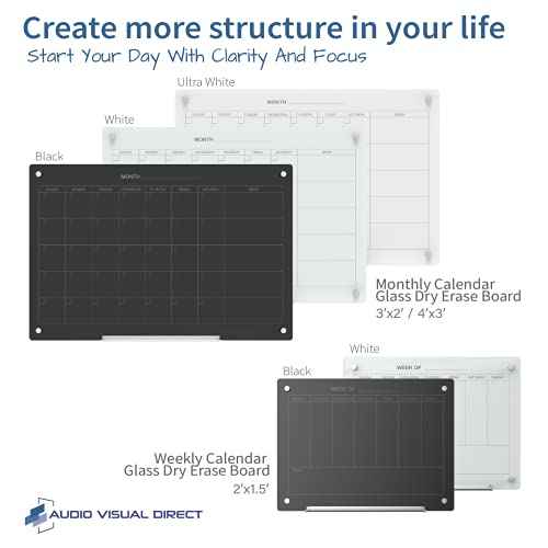 Audio-Visual Direct Magnetic Black 7 Day Calendar Glass Dry-Erase Board Set - 2' x 1.5' - for Wall - Weekly Planner
