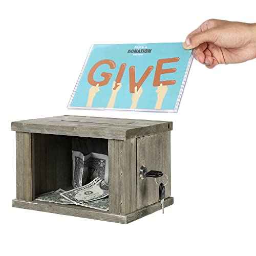 MyGift Set of 2 Vintage Gray Brown Solid Wood Suggestion Box, Comment Box and Money Donation Collection with Lock, Key, and Interchangeable Acrylic and Chalkboard Sign Holder