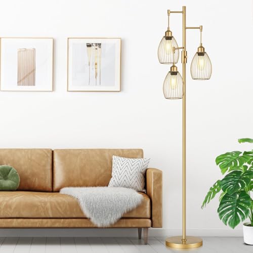 Torondo Gold Dimmable Industrial Floor Lamp with Teardrop Cage & 800 Lumens LED for Living Room & Bedroom