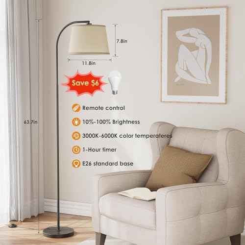Floor Lamps for Living Room, 64" Arc Floor Lamp with 6000K & Stepless Dimmable,350¡ÆH/180¡ÆV Rotatable Shade and Remote Control,Black Tall Standing lamps for Bedroom and Office(9W Bulb Included)
