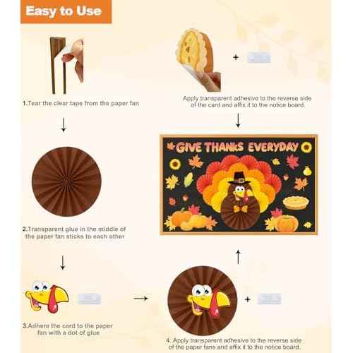 Aovaely 65 PCS Thanksgiving Bulletin Board Decorations, 3D Turkey Paper Fans Give Thanks EveryDay Paper Cutouts Pumpkins Maple Leaves November Thanksgiving Party Decorations for School Home Office
