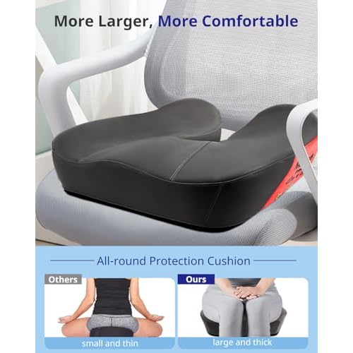 Seat Cushion, Extra Large Memory Foam Office Chair Cushion, Ergonomic Pressure Relief Car Seat Cushion, Sciatica Pain Relief Pillow with Anti- Slip Rubber Dots, Breathable Gaming Chair Pad (Black)