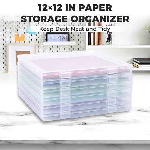 Scrapbook Paper Storage, 6 Pack Stackable Plastic File Storage Box Set, 12"x12"x1.1" Craft Organizer Storage, U-Shaped Locking Mechanism, Ideal for Office, Home, and School Document Organizer