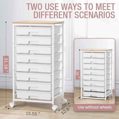 Storage Cart with 8 Drawers, Utility Cart with White Drawers and Wooden Tabletop, Craft Cart, Teacher Organization for Classroom,White