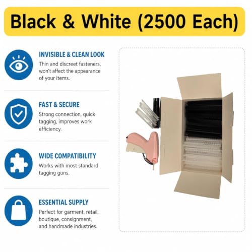 5000 Pack 10mm Tag Fasteners for Thick Fabrics – Black & White Refill for Standard Tag Guns