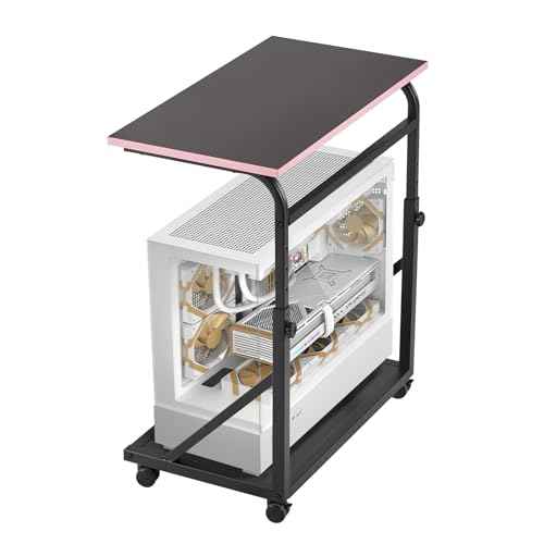 Ergonomic Height Adjustable Computer Tower Stand, 2-Tier CPU Holder Cart Under Desk, PC Floor Stand for Office Gaming Black and Pink