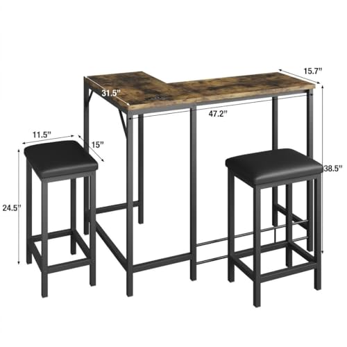 Garvee Rustic 63'' L-Shaped Bar Table 2 Stools Set with Built-in Outlets - Left/Right/Straight Convertible