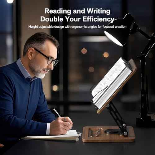Book Stand for Reading, 360¡Æ Rotating Hands Free Book Holder, Adjustable Height and Angle, Page Clip for Cookbook, Recipe, Magazine, Laptop,Tablet, Foldable for Kitchen, Office, School