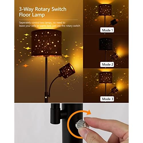 Floor Lamp Black, Reading Standing Lamps for Living Room, 62" Tall Torchiere Lamp for Kids Room, 3-Way Switch, Star-Gold Lampshade, Modern Goth Decor for Bedroom/Office, Bulbs Not Included(E26 Base)
