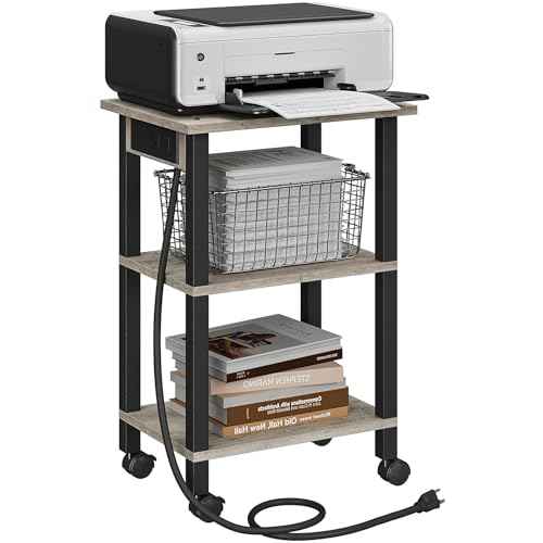TUTOTAK 3 Tier Printer Stand, Rolling Printer Cart with Power Outlets and USB Ports, Mobile Printer Table with Wheels, for Under Desk, Office, Home, Black PS02BG001