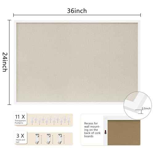Cork Board with Linen White,Bulletin Board 36"x24" Hanging Corkboards for Office Home School Message Board or Vision Board Decoration.
