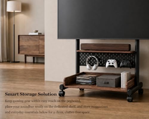 FITUEYES Walnut Rolling TV Stand Mount for 40-85in TVs with Wooden Shelf