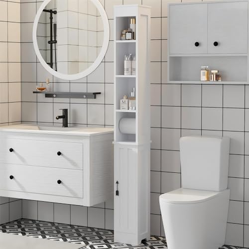 VECELO 71" Tall Bathroom Storage Cabinet, Narrow Storage Cabinet with Adjustable Shelves, Toilet Paper Rod and Magnetic Door, Freestanding Slim Bathroom Storage Cabinets for Small Space, White