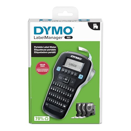 DYMO LabelManager 160 Label Maker Bundle with 3 D1 Tape Cassettes, Portable Handheld Office Organizer