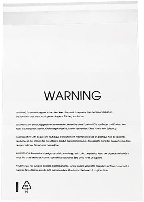 Clear Poly Bags - Suffocation Warning for Safe Packaging | Permanent Adhesive, 10''x13'' (100 Count)