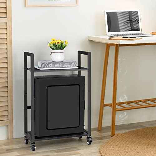 SEHERTIWY 2 Tier Computer Tower Stand, Black CPU Holder Cart with Rolling Caster Wheels, Mobile PC Tower Stand for Office Home Studio