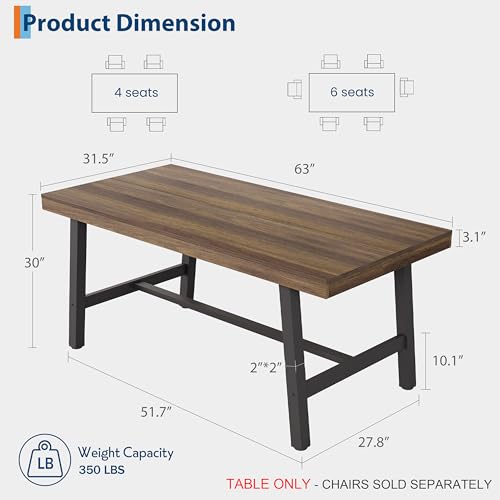 Garvee 63" 6-Person Dining Table in Brown with 2x2 Metal Legs, Industrial Kitchen Table