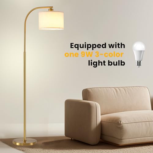 KQW Gold Tall Floor Lamp with Fabric Shade & 9W LED Bulb - Modern Standing Light for Living Room & Bedroom - 3 Color Temperature Options