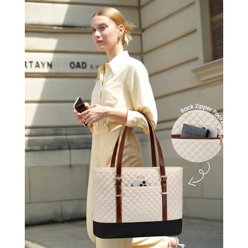 LOVEVOOK Laptop Bag for Women, Work Tote Computer Bag With Large Cup Holder, Lightweight Large Laptop Briefcase, Beige-Brown-Black, 17.3 Inch