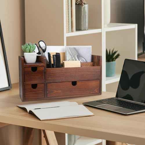 Rustic Brown Wooden Desktop Organizer Drawers Removable Office Supplies Torched Wood Storage Cabinet Caddy Box Stationery Pencil Slots Mail Holder Notes Accessories Home Makeup Tools Cosmetics