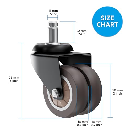 2 Inch Office Chair Wheels (Set of 25), Heavy Duty Grey Rubber Chair Casters Replacement, Desk Chair Wheels for Hardwood Floors and Carpet, Smooth & Quiet Universal Fit for Most Chairs(25 Pack)